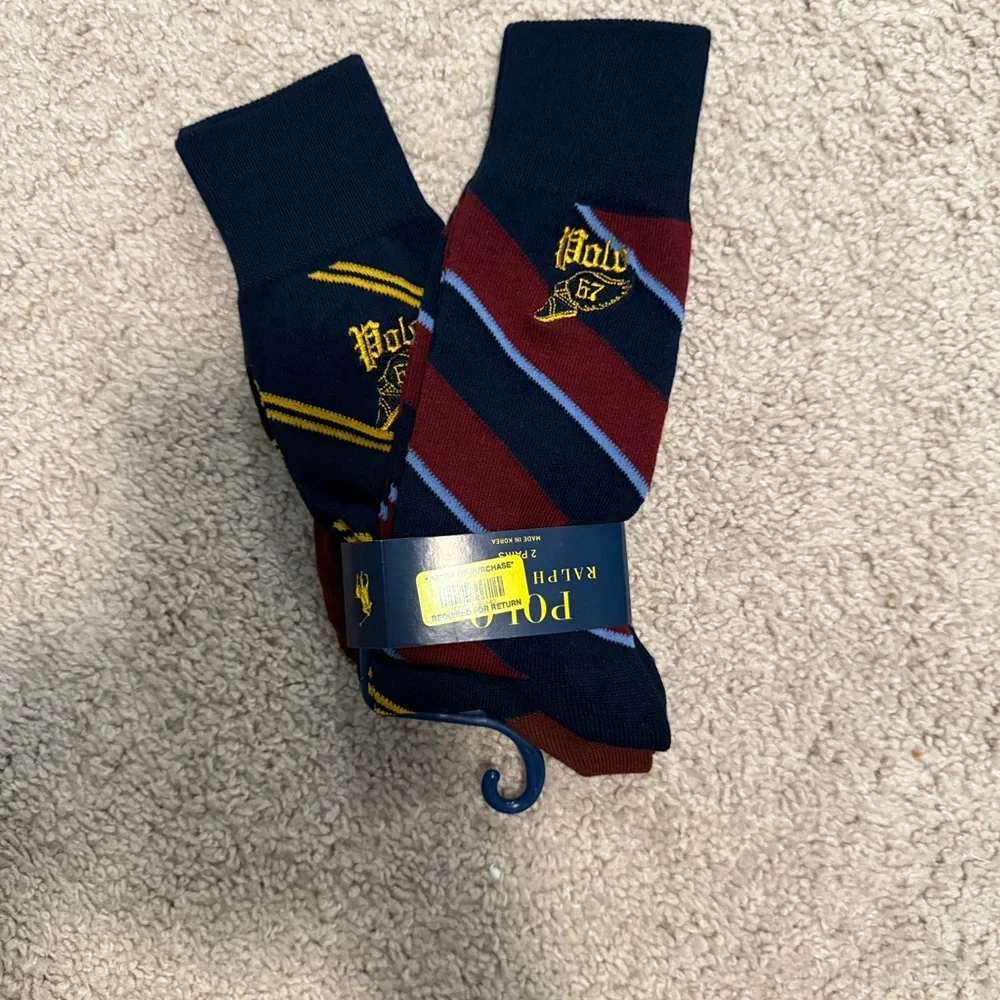 Polo by Ralph Lauren Navy, Burgundy & Light Blue Striped Embroidered Dress Socks - Picture 1 of 3